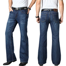Cargar imagen en el visor de la galería, Pantalones: Jeans clásicos de mezclilla azul. Corte de bota. Cintura alta. Elásticos. Holgados.