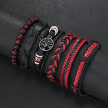 Cargar imagen en el visor de la galería, Pulseras de muñeca: Pulseras. Juego de 6 piezas. Cuero, cuentas de madera, dije de árbol. Envoltura negra. Tejidas. Hechas a mano.