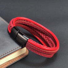 Cargar imagen en el visor de la galería, Pulsera: Pulsera de cuero trenzado para hombre, clásica, tejida a mano, con hebilla magnética, multicapa, de cuero, para regalo de joyería para hombre