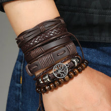 Cargar imagen en el visor de la galería, Pulseras de muñeca: Pulseras. Juego de 6 piezas. Cuero, cuentas de madera, dije de árbol. Envoltura negra. Tejidas. Hechas a mano.