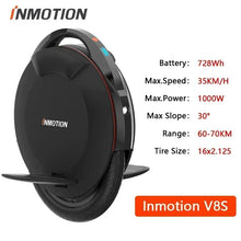 Load image into Gallery viewer, Gadgets: Original INMOTION V8S Electric Unicycle. 35km/h Speed 70KM Range 72V 728Wh Battery 1000W Motor Smart EUC Wheel