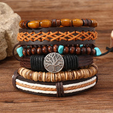 Cargar imagen en el visor de la galería, Pulseras de muñeca: Pulseras. Juego de 6 piezas. Cuero, cuentas de madera, dije de árbol. Envoltura negra. Tejidas. Hechas a mano.