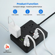 Load image into Gallery viewer, Gadgets: Power Strip. Power Outlet with Surge Protector. 9 power strip 3 USB Ports. 10ft Extension Cord, Quick Charge
