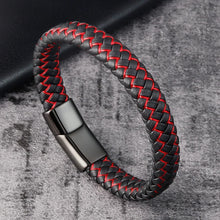 Load image into Gallery viewer, Wristwear: Genuine Leather Bracelet. Braided. Trendy Red. Multicolor Stainless Steel Magnetic Clasp Braided Wristband
