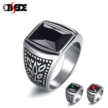 Load image into Gallery viewer, WRings: by Obsede. Vintage Titanium and Stainless Steel. Red, Black, or Green Square Zircon Stone.
