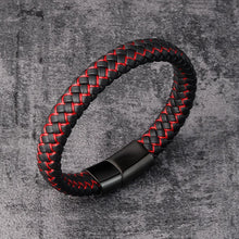 Load image into Gallery viewer, Wristwear: Genuine Leather Bracelet. Braided. Trendy Red. Multicolor Stainless Steel Magnetic Clasp Braided Wristband
