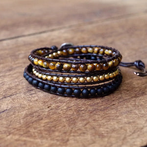 Wristwear: DIY Handmade Jewelry. Multilayer Leather Bracelet. Natural Stone 4mm Tiger Eye Stone. Bead Wrapped Bracelet.