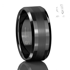 Wrings: 8mm ATOP Brushed Center. Black Tungsten Carbide.