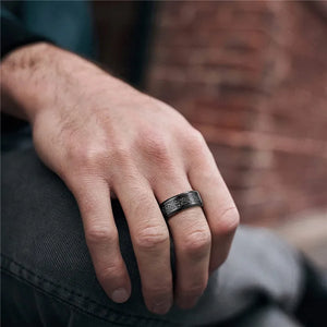 WRings: by TIGRADE.  Black Titanium. Beveled Edges. Black Sandstone Inlay Sizse 7-13