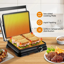Load image into Gallery viewer, Gadgets: Electric Sandwicheras and Panini Grill. Temperature regulator, oil pick tray, 180 ° opening, non-stick plates, 2000W. (Power Inverter recommended for Truck use.) )
