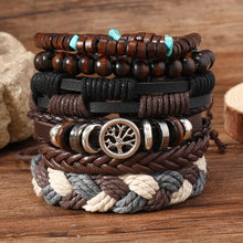 Load image into Gallery viewer, Wristwear: Bracelets. 6 Pc/set. Leather, Wood Beads, Tree Charm. Black Wrap. Woven. Handmade.
