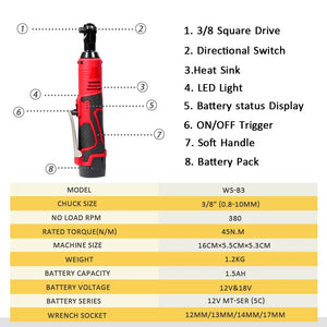 Gadgets / Tools: 12V/18V Impact Wrench Cordless Rechargeable Electric Wrench 3/8 Inch Right Angle Ratchet Wrenches Impact Driver Power Tool