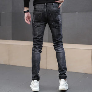 Pants: Classic Black Stretch Denim Jeans.  Distinctive Printed. High Quality. Slim Fit.