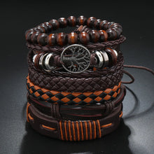 Load image into Gallery viewer, Wristwear: Bracelets. 6 Pc/set. Leather, Wood Beads, Tree Charm. Black Wrap. Woven. Handmade.
