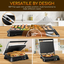 Load image into Gallery viewer, Gadgets: Electric Sandwicheras and Panini Grill. Temperature regulator, oil pick tray, 180 ° opening, non-stick plates, 2000W. (Power Inverter recommended for Truck use.) )
