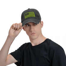 Load image into Gallery viewer, Head Gear: American Flag Design. Reflective Safety Green. Baseball Cap.
