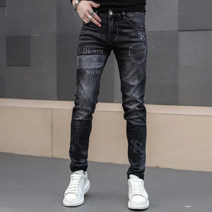 Pants: Classic Black Stretch Denim Jeans.  Distinctive Printed. High Quality. Slim Fit.