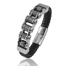 將圖片載入圖庫檢視器 Wristwear: : Classic Bicycle Chain and Leather Bracelet. Stainless Steel. Magnetic Clasp.
