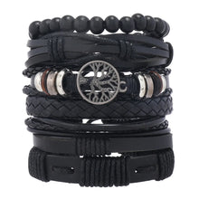 Load image into Gallery viewer, Wristwear: Bracelets. 6 Pc/set. Leather, Wood Beads, Tree Charm. Black Wrap. Woven. Handmade.
