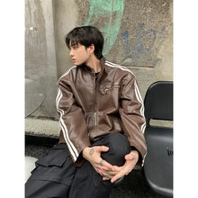 Load image into Gallery viewer, Retro Leather Jacket Men Women  American Patchwork Strip Racing Outerwear Loose Hip Hop Zippers Brown PU Coat Streetwear Spring
