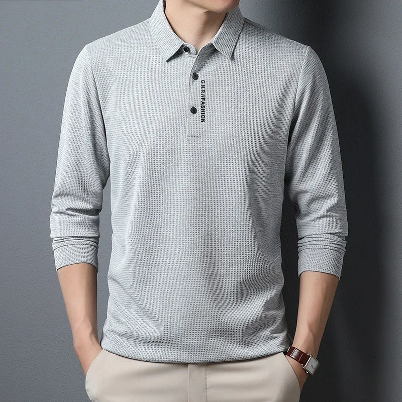 Shirts:  POLO Shirt. Waffle Texture. Long Sleeved. Printed Lapel .