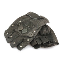 Load image into Gallery viewer, Gloves: Half Finger Black Leather. Rivets Design. Comfortable and Stylish.
