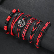 Load image into Gallery viewer, Wristwear: Bracelets. 6 Pc/set. Leather, Wood Beads, Tree Charm. Black Wrap. Woven. Handmade.
