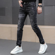 Load image into Gallery viewer, Pants: Classic Black Stretch Denim Jeans.  Distinctive Printed. High Quality. Slim Fit.
