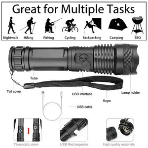 Gadgets / Flashlight: High Power XHP100 LED. Rechargeable USB. 4 Core Torch. Zoom.