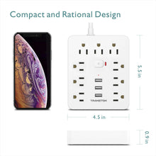 Load image into Gallery viewer, Gadgets: Power Strip. Power Outlet with Surge Protector. 9 power strip 3 USB Ports. 10ft Extension Cord, Quick Charge
