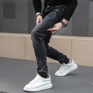 Pants: Classic Black Stretch Denim Jeans.  Distinctive Printed. High Quality. Slim Fit.