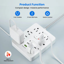Load image into Gallery viewer, Gadgets: Power Strip. Power Outlet with Surge Protector. 9 power strip 3 USB Ports. 10ft Extension Cord, Quick Charge
