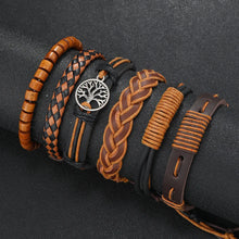 Load image into Gallery viewer, Wristwear: Bracelets. 6 Pc/set. Leather, Wood Beads, Tree Charm. Black Wrap. Woven. Handmade.
